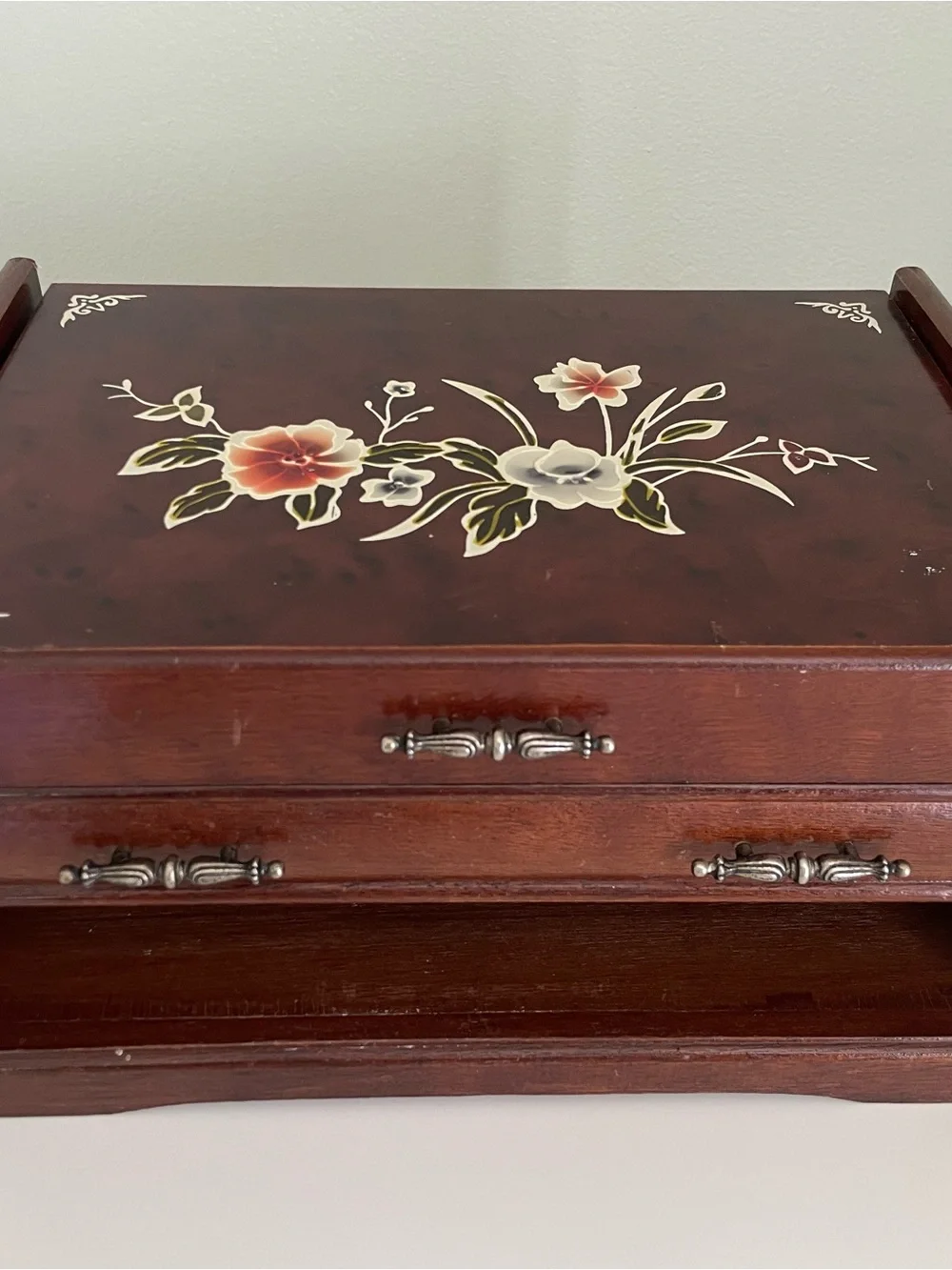 Hand Painted Floral Wooden Jewelry Box Flower Jewelry Box Brass Hardware